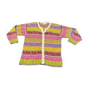 Vintage 1960's 60's Women Cardigan Colorful Pink Geometric 100% Cotton Button Up